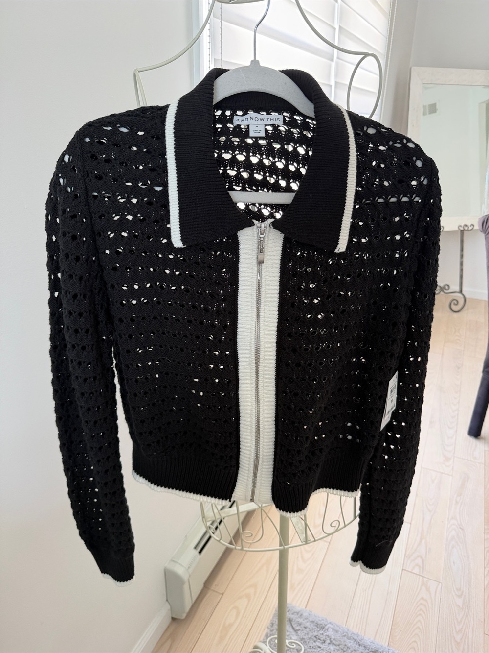 NWT! And Now This Black Knit Zip-Front Cardigan with White Trim